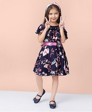 Naughty Ninos Cold Shoulder Sleeves Rayon Floral Printed and Applique Dress - Navy Blue