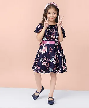 Naughty Ninos Cold Shoulder Sleeves Rayon Floral Printed and Applique Dress - Navy Blue