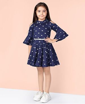 Naughty Ninos Three Fourth Sleeves Cotton Butterfly Printed Fit & Flare Dress - Blue