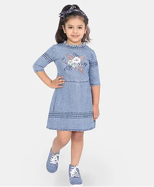 Naughty Ninos Three Fourth Sleeves Denim Fir & Flare Solid Dress with Floral Embroidery - Blue