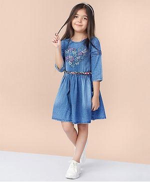 Naughty Ninos Three Fourth Cotton Denim Solid Colour Fit & Flare Dress with Butterfly Embroidery - Blue