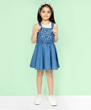 Naughty Ninos Sleeveless Cotton Denim Floral Embroidered Frock with Inner Tee - Blue
