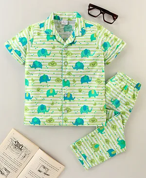 Knotty Kids Full Sleeves Elephant Printed Shirt And  Pant Night Suit Set - Green