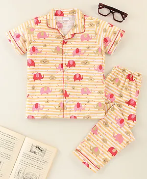 Knotty Kids Full Sleeves Elephant Printed Shirt And  Pant Night Suit Set - Peach