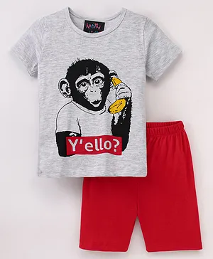Knotty Kids Half Sleeves Monkey Printed T Shirt And Shorts -  Grey & Red