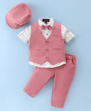 Robo Fry Cotton Lycra Full Sleeves Three Piece Party Suit With Hat - Pink