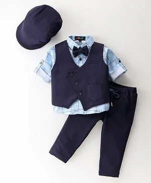 Robo Fry Full Sleeves Party Suits With Bow & Cap - Navy Blue