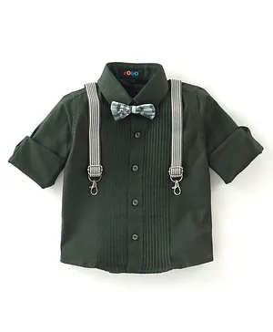 Robo Fry Cotton Full Sleeves Pintucks Party Shirt with Bow & Suspender - Green