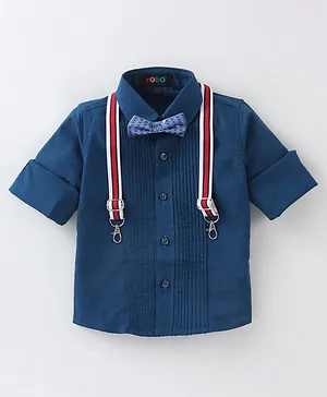 Robo Fry Cotton Full Sleeves Pintucks Party Shirt with Bow & Suspender - Blue