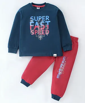 Teddy Cotton Sinker Full Sleeves Text Printed T-Shirt & Lounge Pant Set - Navy Blue & Red