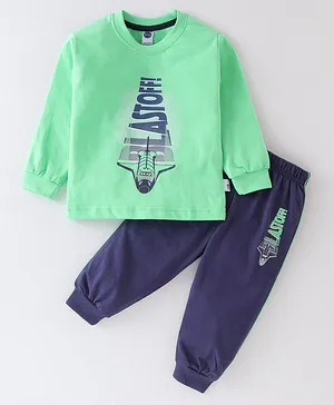 Teddy Cotton Sinker Full Sleeves T-Shirt & Lounge Pant Set Airplane Print- Green & Blue