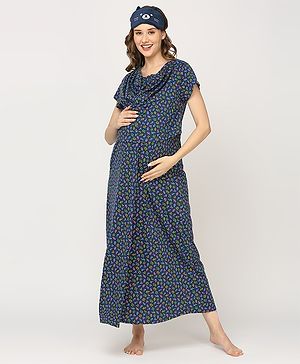 Bella Mama 100% Cotton Knit Half Sleeves Nighty with Concealed Zipper Floral Print - Navy Blue