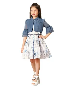 TINY BABY Three Fourth Bell Sleeves Collared Jacket With Seamless Floral Printed Fit & Flare Dress - Blue