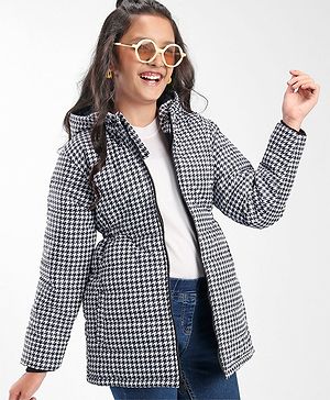 Pine Kids Full Sleeves Checked Print Medium Winter Hooded Jacket - Black & White