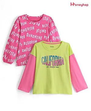 Honeyhap Premium 100% Cotton Single Jersey Knit Full Sleeves T-Shirt with Bio Finish Text Print Pack of 2- Azalea Pink & Sunny Lime