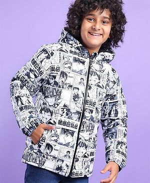 Pine Kids Full Sleeves Hooded Anime Printed Heavy Winter Jacket - Black & White