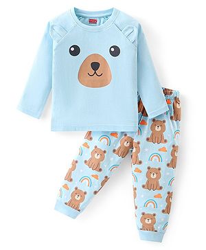 Babyhug Cotton Knit Raglan Sleeves Night Suit Bear Print - Blue