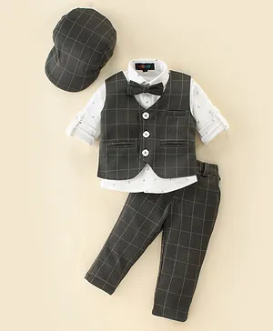 Robo Fry Knit Full Sleeves Three Piece Party Suits With Cap & Bow - Green