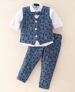Robo Fry Full Sleeves Party Suits With Alphabet Print - White & Blue