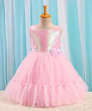 Babyhug Sleeveless Sequinned Party Frock - Pink