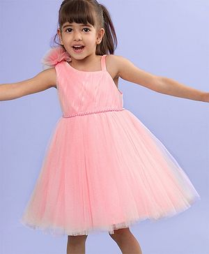 Babyhug Sleeveless Corsage & Pearl Detailing Mesh Party Frock - Peach