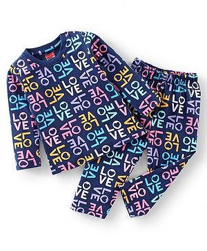 Babyhug Cotton Knit Full Sleeves Night Suit with Text Print - Navy Blue