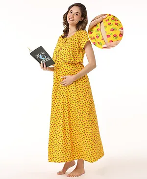 Bella Mama 100% Cotton Knit Half Sleeves Nighty with Concealed Zipper For Nursing Floral Print - Yellow