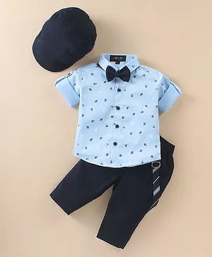 Robo Fry Cotton Lycra Full Sleeves Anchor Printed Party Shirt & Trouser Set with Bow Cap & Suspender - Sky Blue