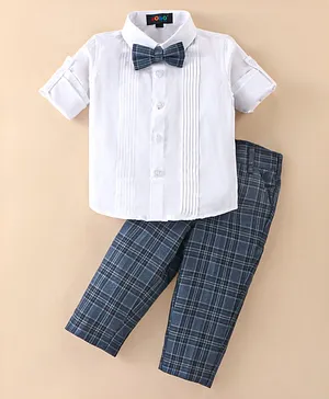 Robo Fry Knit Full Sleeves Shirt and Bottom Set With Bow  Checkered - White & Blue