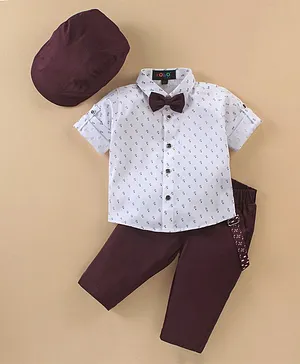 Robo Fry Full Sleeves Party Suits With Bow & Cap - Brown & White