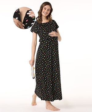 Bella Mama 100% Cotton Knit Half Sleeves Nighty with Concealed Zipper Stars Print - Black