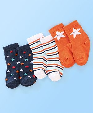 Cute Walk By Babyhug Anti Bacterial Ankle Length Socks Star Design Pack Of 3 - Multicolour
