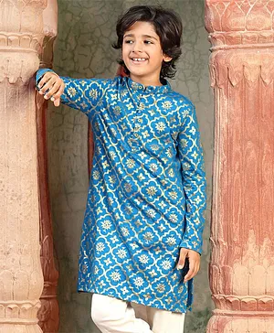 EARTHY TOUCH Cotton Knit Full Sleeves Floral Printed Kurta - Blue