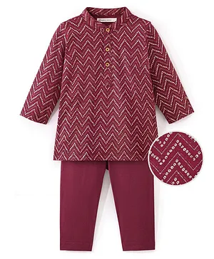 Earthy Touch Single Jersey Knit Full Sleeves Kurta Pyjama Set with Foil Print - Maroon
