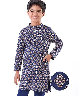 Earthy Touch Cotton Single Jersey Knit  Full Sleeves Kurta Floral Print - Navy Blue