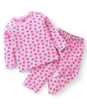 Babyhug Cotton Full Sleeves Night Suit Strawberry Print- Pink