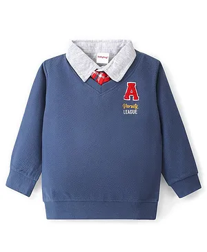 Babyhug Cotton Knit Full Sleeves Collared Sweatshirt with Graphics - Navy Blue
