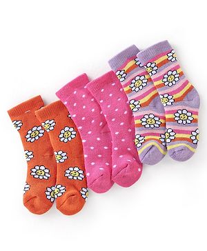 Cute Walk by Babyhug Cotton Terry Knit Anti Bacterial Ankle Length Socks Striped & Floral Design Pack of 3 - Orange Pink & Purple