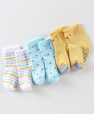 Cute Walk By Babyhug Anti Bacterial Anti Skid Ankle Length Socks Striped Print Pack Of 3 - Yellow Blue & White