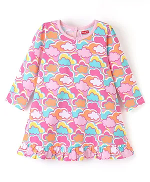 Babyhug Cotton Knit Full Sleeves Clouds Printed Nighty - Multicolour