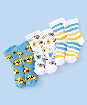 Cutewalk By Babyhug Cotton Anti Bacterial Ankle Length Socks Stripes & Tiger Design Pack Of 3- Blue White & Yellow
