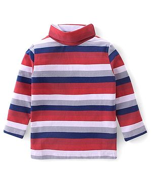 Babyhug Cotton Full Sleeves Turtle Neck T-Shirt With Stripes- Red & Navy Blue
