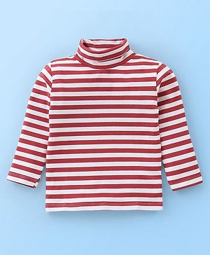 Babyhug Cotton Lycra Knit Full Sleeves Turtle Neck T-Shirt Striped- Maroon & White