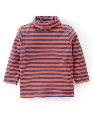 Babyhug Cotton Lycra Full Sleeves Turtle Neck T-Shirt with Stripes - Navy Blue & Orange