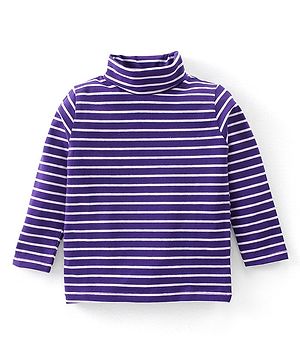 Babyhug Cotton Lycra Full Sleeves Turtle Neck T-Shirt with Stripes - Purple & White