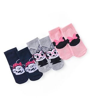 Cute Walk Disney by Babyhug Cotton Knit Anti Bacterial Ankle Length Socks Minnie Mouse Design Pack of 3 - Black Pink & Grey