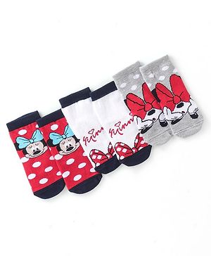Cute Walk Disney by Babyhug Cotton Knit Anti Bacterial Ankle Length Socks Minnie Mouse Design Pack of 3 - Red White & Grey