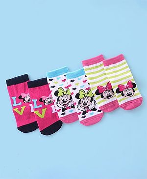 Cute Walk Disney By Babyhug Anti Bacterial Ankle Length Socks Minnie Mouse Design Pack Of 3 - Multicolour