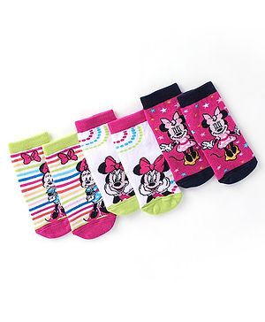Cute Walk Disney By Babyhug Anti Bacterial Ankle Length Socks Minnie Mouse Design Pack Of 3 - Multicolour
