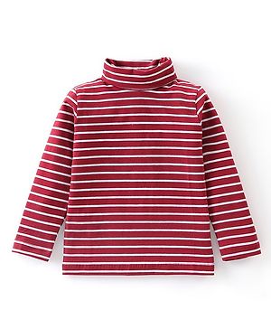 Babyhug Cotton Lycra Full Sleeves Turtle Neck T-Shirt with Stripes - Maroon & White